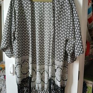 Elegant Black and White Kimono with Fringe